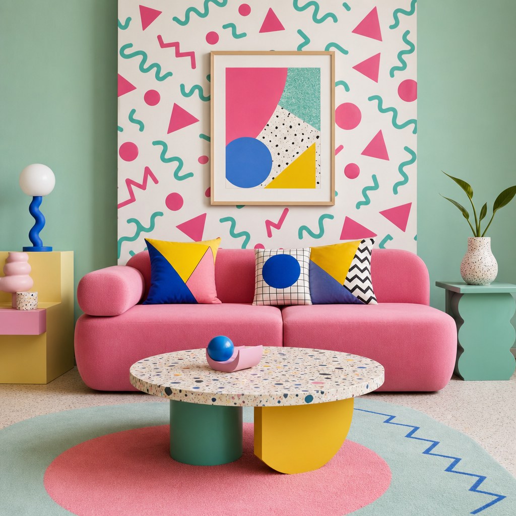 Memphis pattern layer: bold geometric peel-and-stick wallpaper panel with squiggles and triangles in hot pink and teal on white background behind a sofa, geometric throw pillows in primary colors, graphic art print in a simple frame