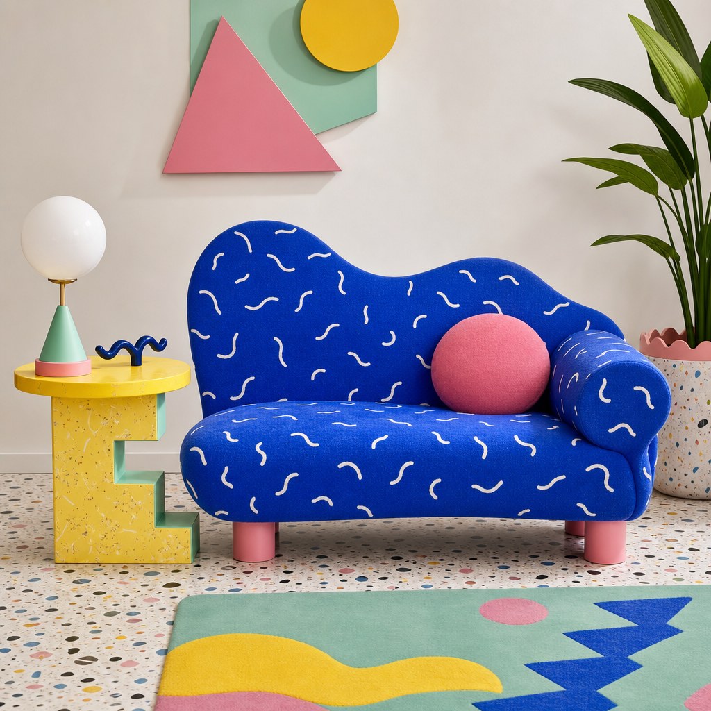 Memphis-style squiggle accent sofa in cobalt blue with wavy curved back silhouette against white wall, colorful yellow laminate side table with step-form geometric base beside the sofa