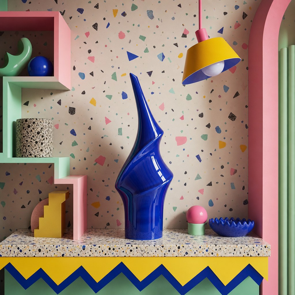 Memphis-style asymmetric shape moments: sculptural ceramic vase with pointed twisted form in cobalt blue sitting off-center on shelf, stepped asymmetric wall shelving unit with objects at misaligned heights, pendant lamp with unexpected tilted shade form
