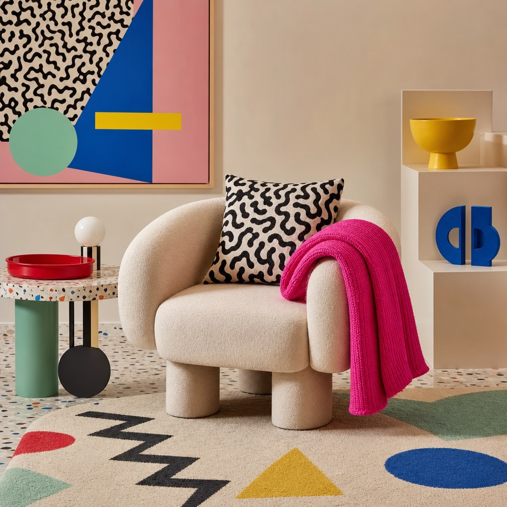 Memphis primary color accents: red enamel tray on side table, yellow ceramic bowl on stepped shelf, cobalt blue bookend pair, hot pink throw blanket in solid knit folded over the arm of a neutral chair