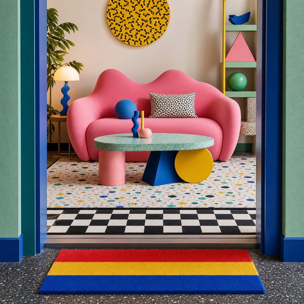 Memphis flooring layer: terrazzo-pattern area rug with colorful chip fragments on white ground under a geometric coffee table, bold graphic checkerboard flat-weave rug at room entry, primary color stripe doormat at threshold