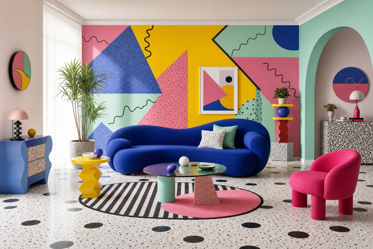 Memphis interior design living room with bold geometric pattern wallpaper in primary colors, asymmetric squiggle sofa in cobalt blue, colorful laminate side table in yellow, terrazzo flooring with graphic dot pattern, and a primary color accent chair in hot pink