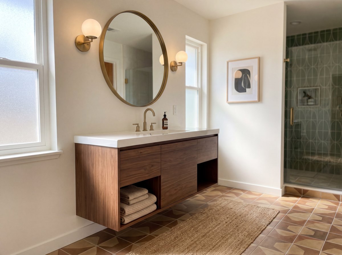 A round mirror above a walnut floating vanity with a globe wall sconce and warm white walls