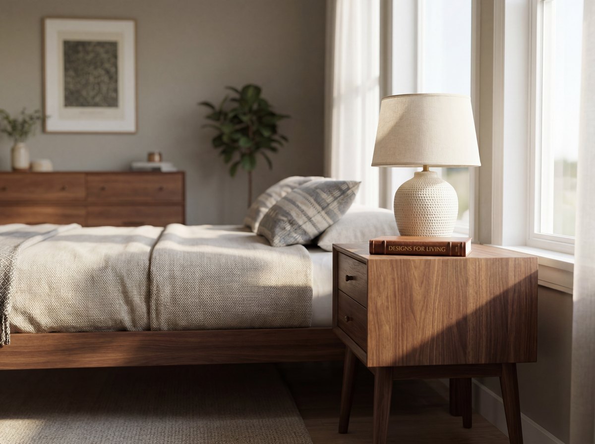 A mid-century modern nightstand in walnut with tapered legs, a ceramic table lamp, and a single book