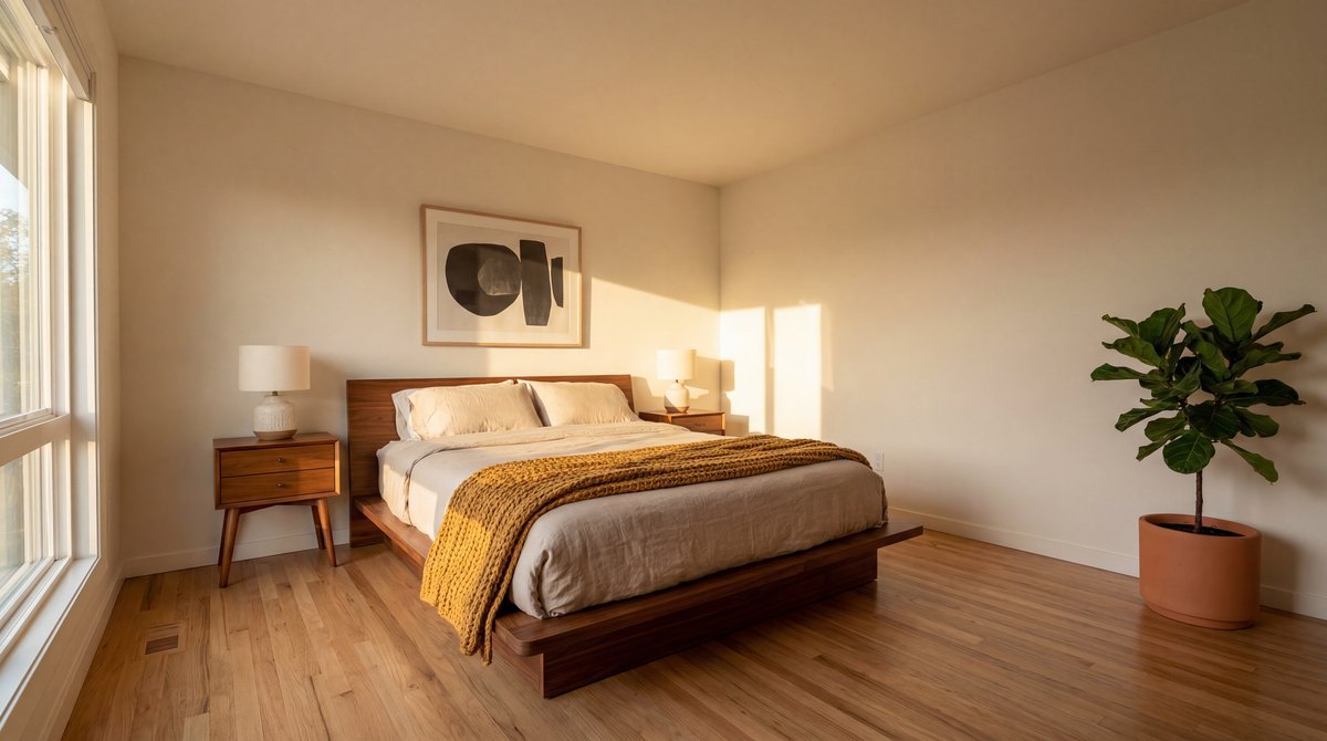 A mid-century modern bedroom with a low walnut platform bed, two tapered-leg nightstands, ceramic lamps, and a warm mustard throw