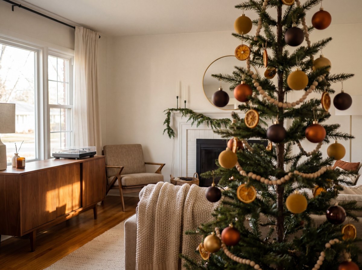 A close-up of mid-century modern Christmas ornaments in mustard, burnt orange, and walnut tones on a slim tree
