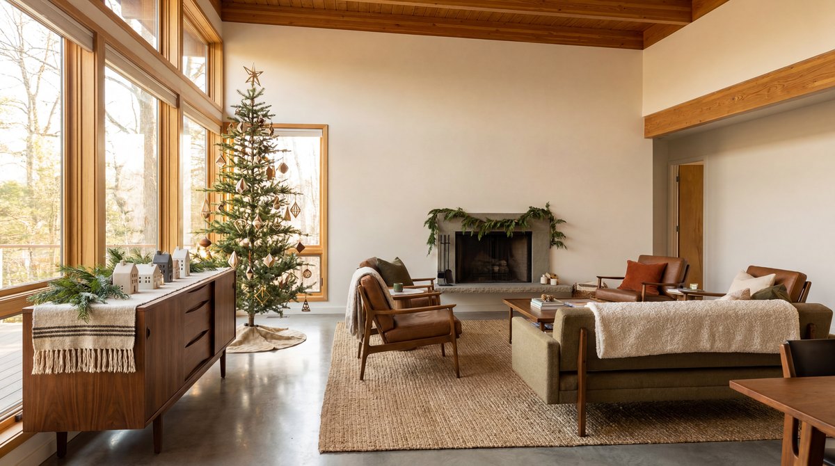 A mid-century modern living room decorated for Christmas with a slim tree, sculptural ornaments, and a walnut credenza with warm holiday styling