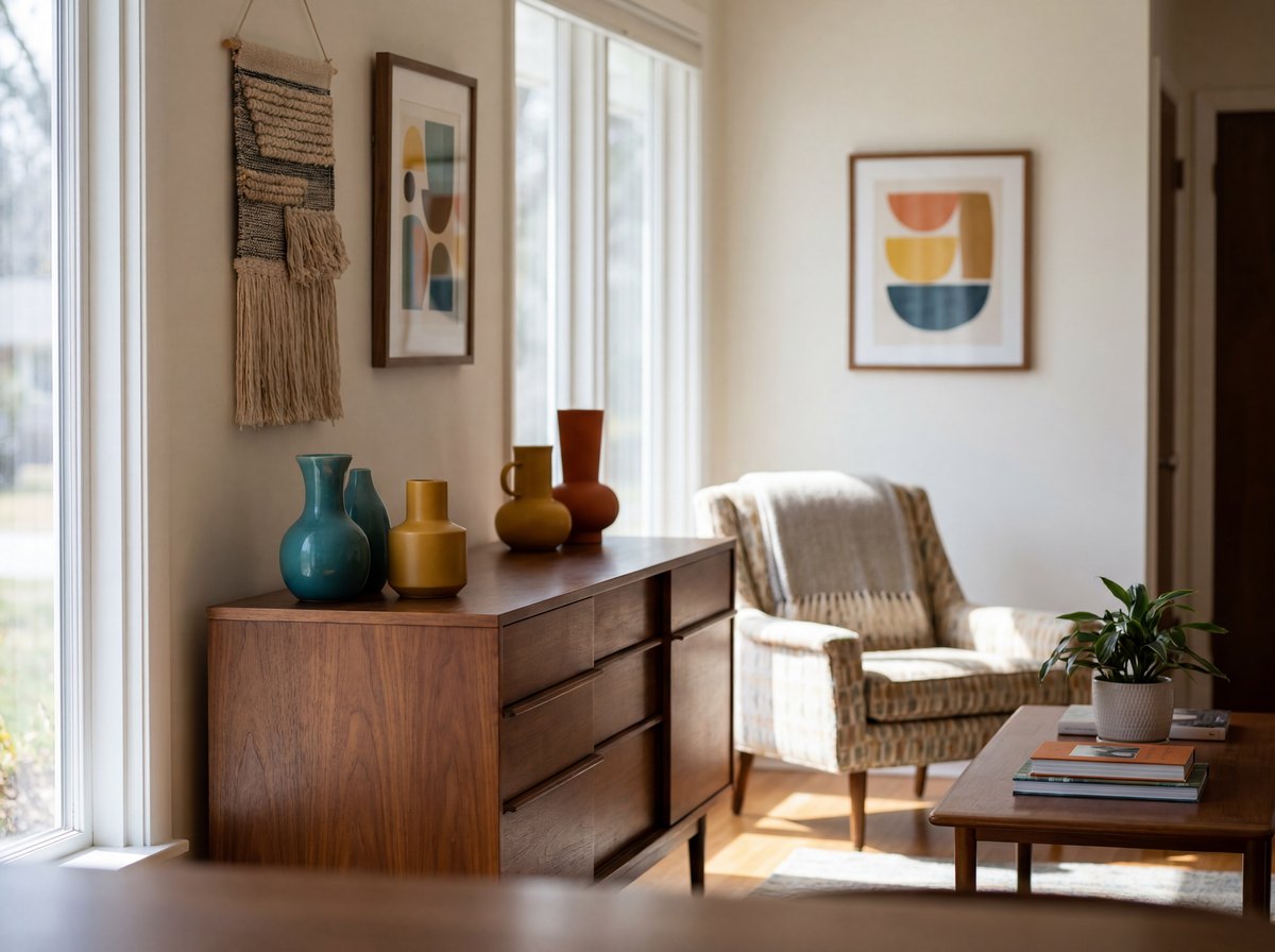 Three mid-century modern accent swatches, teal, mustard yellow, and burnt orange, against a warm walnut wood background