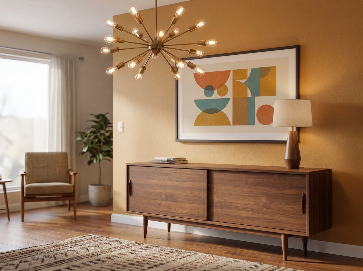 A walnut credenza on tapered legs with a sputnik lamp and a single graphic print above it
