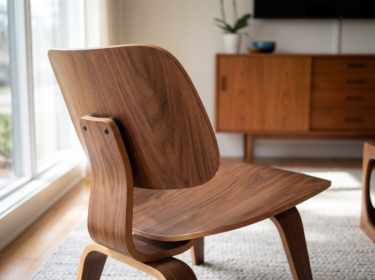 A close-up of an Eames-style molded plywood chair showing the wood grain and the organic curve of the seat