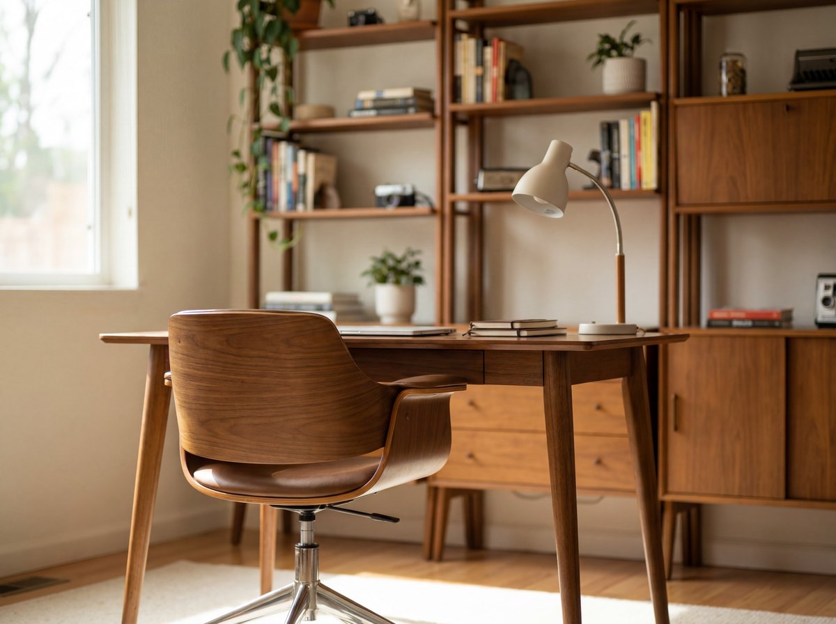 A molded shell task chair in walnut tone on a swivel base beside a tapered-leg desk