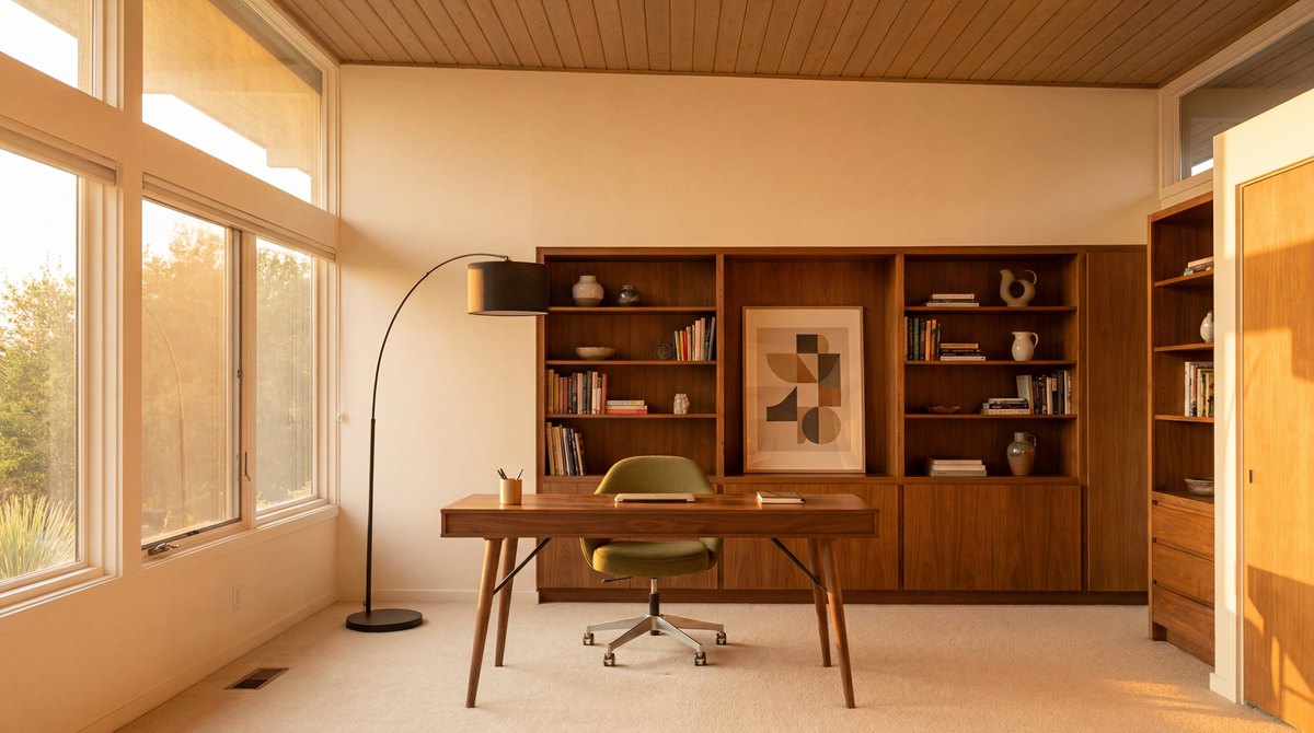 A mid-century modern home office with a walnut tapered-leg desk, a molded shell task chair, a small arc lamp, and a single graphic print