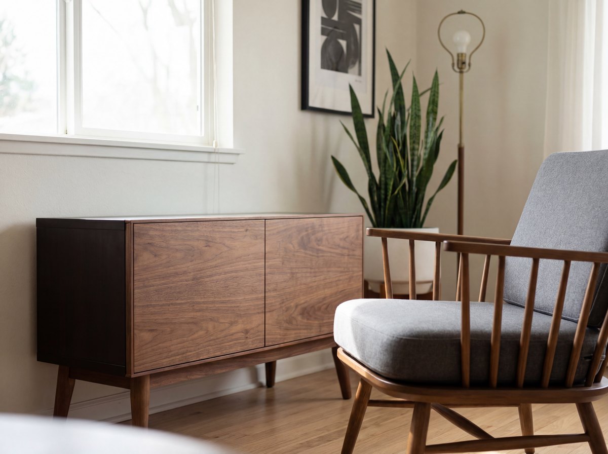 A BESTÅ cabinet hacked with solid walnut doors and tapered legs sitting next to a Project 62 accent chair