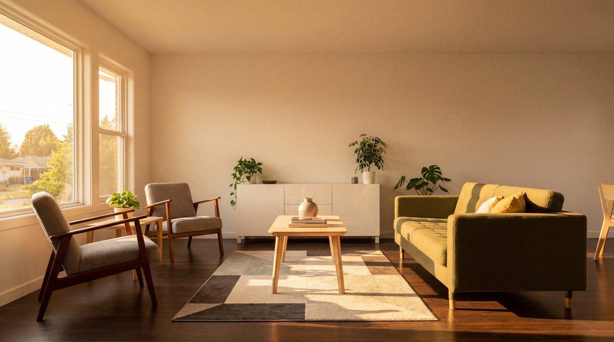 A mid-century modern living room built from IKEA and Target pieces, an IKEA STOCKHOLM sofa, a LISABO table, and a BESTÅ credenza