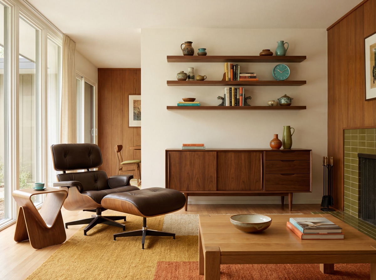 Mid-century modern warm wood anchor: low-profile walnut credenza with tapered legs against warm white wall, solid oak coffee table with angled legs, floating walnut-tone shelves with curated objects