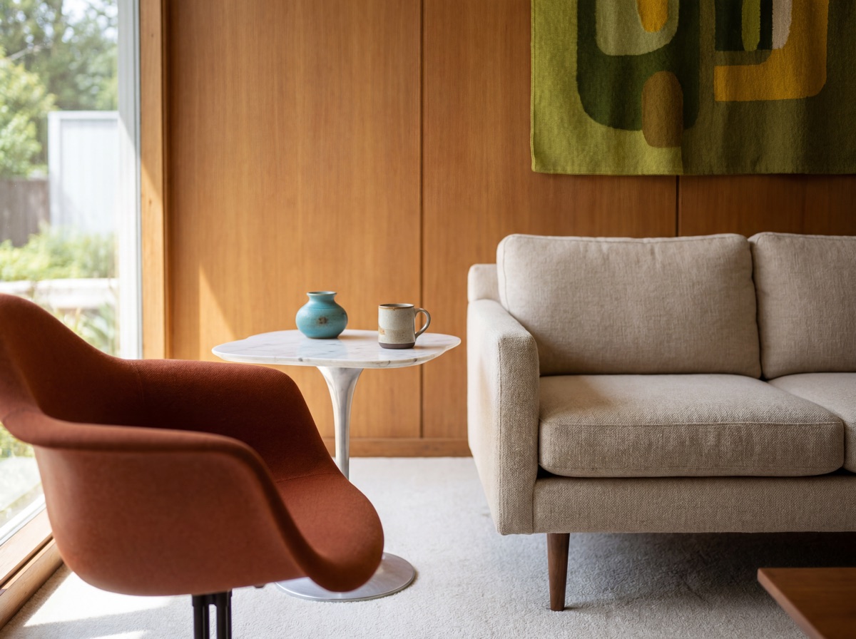 Mid-century modern organic form layer: warm linen sofa with tapered walnut legs at low profile, Eames-style molded shell accent chair in warm tone, tulip base marble side table with organic sculptural base