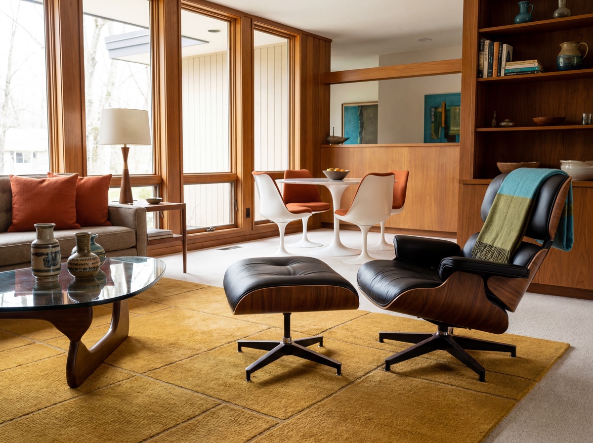 Mid-century modern bold accent color: mustard yellow geometric area rug with MCM pattern, burnt orange accent throw pillows on warm linen sofa, bold accent throw in mustard tone