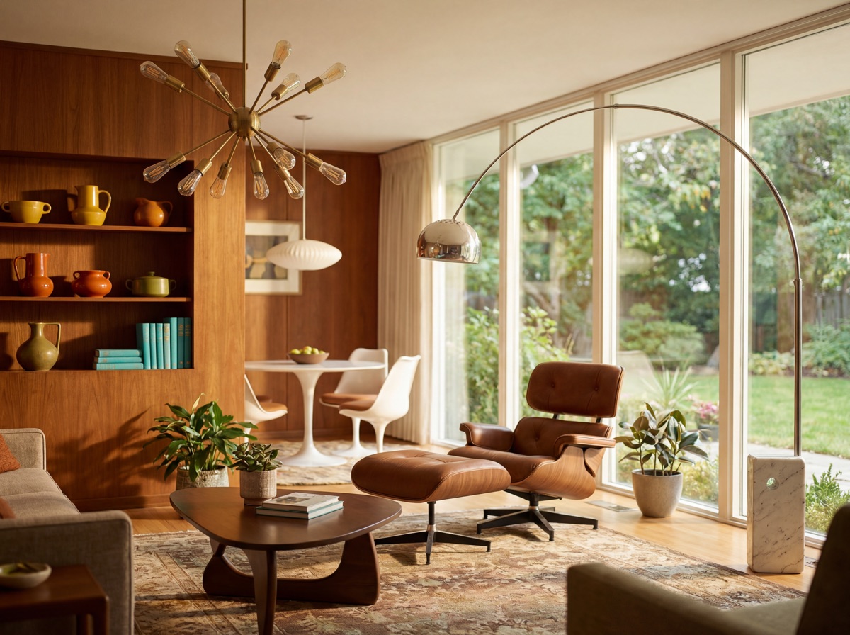 Mid-century modern statement lighting: Sputnik 12-arm chandelier in matte brass casting warm light, Arco-style arc floor lamp with marble base at reading chair, warm Edison filament bulbs at 2700K throughout