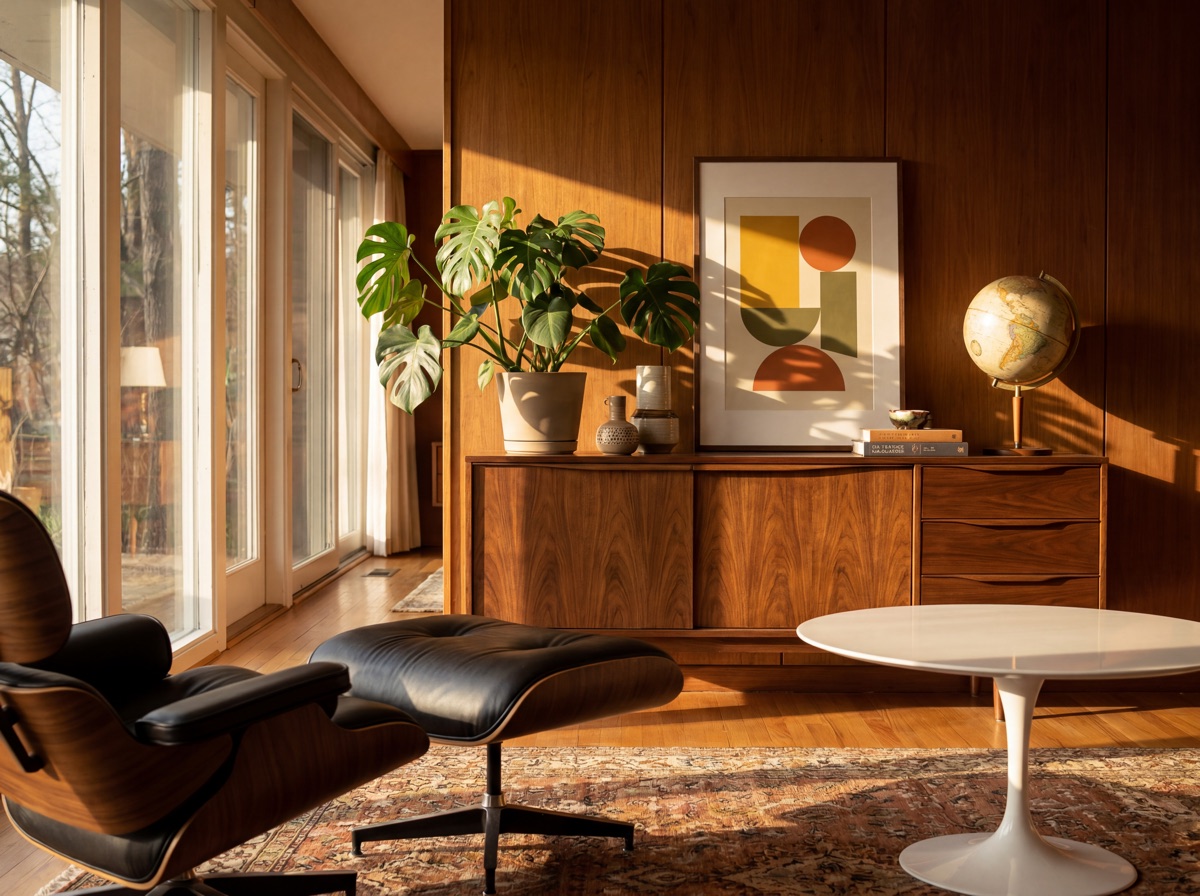 Mid-century modern personal object layer: large monstera plant at height beside walnut credenza, MCM abstract geometric framed art print, vintage-look brass globe on stand and curated personal objects