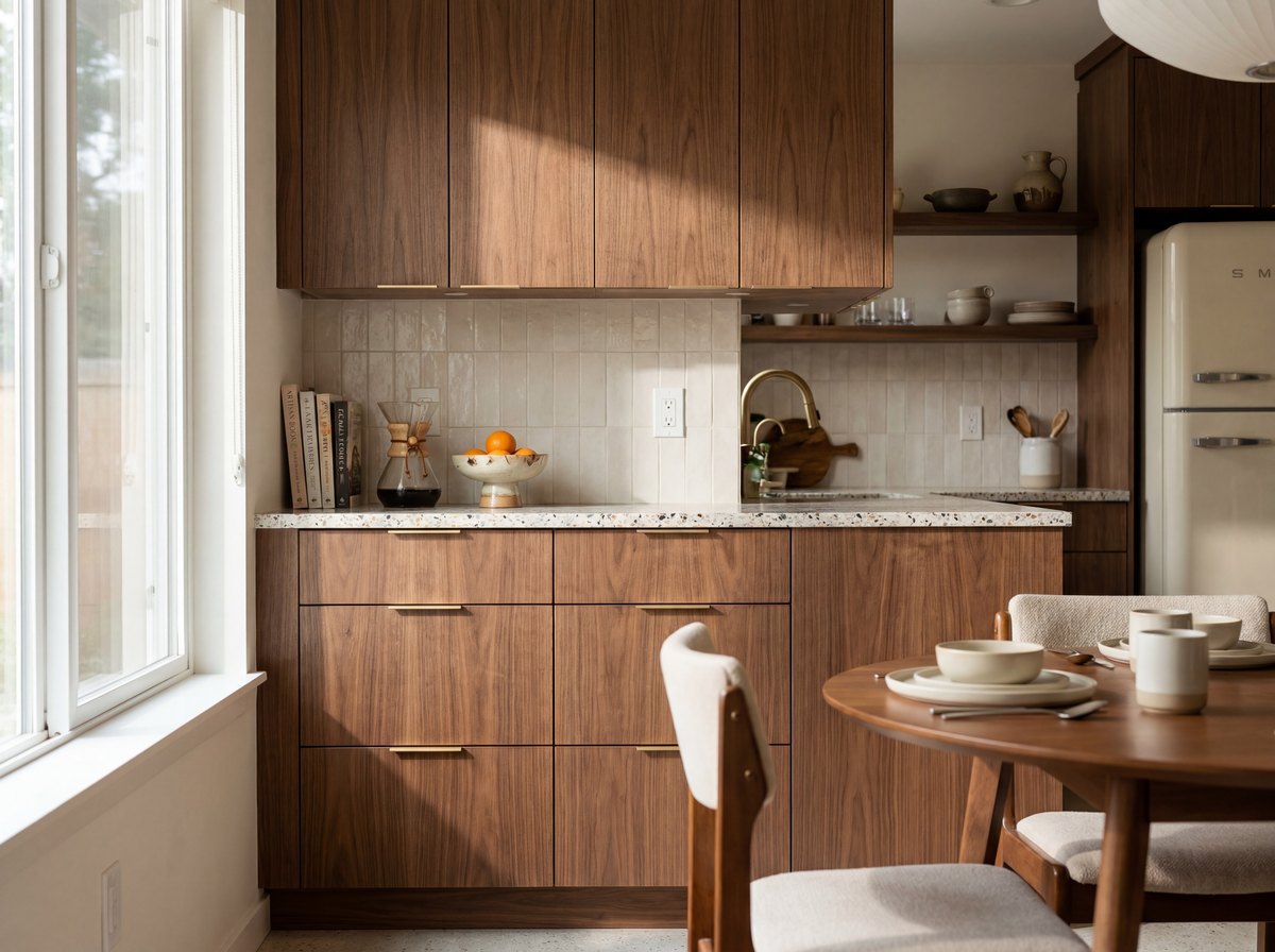A close-up of flat-front walnut kitchen cabinets with long thin brass pulls and a warm white backsplash