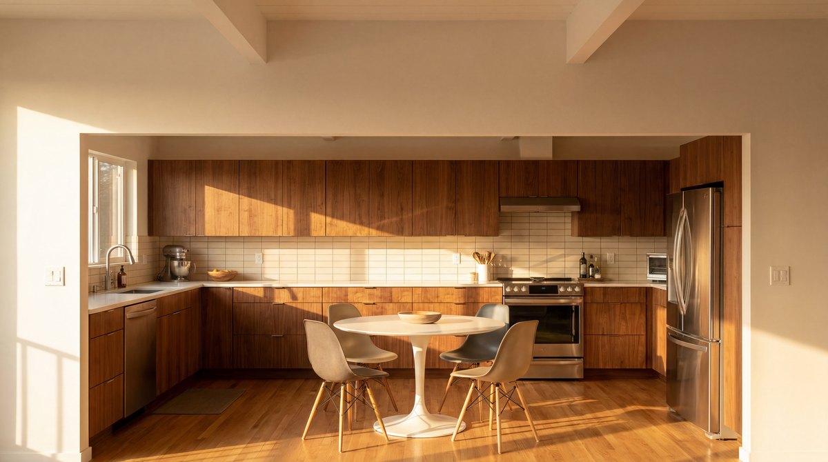 A mid-century modern kitchen with flat-front walnut cabinets, a warm white backsplash, and a tulip-base dining table with shell chairs