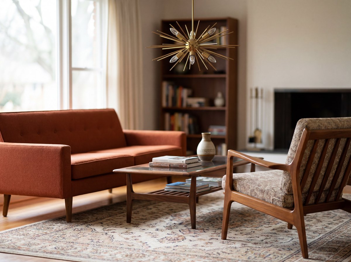 A mid-century modern living room corner showing a low sofa, a sculptural chair, and a sputnik pendant light over a walnut coffee table