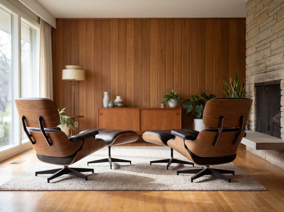 Two Eames-style lounge chairs side by side, one authentic and one budget replica, showing the difference in shell construction