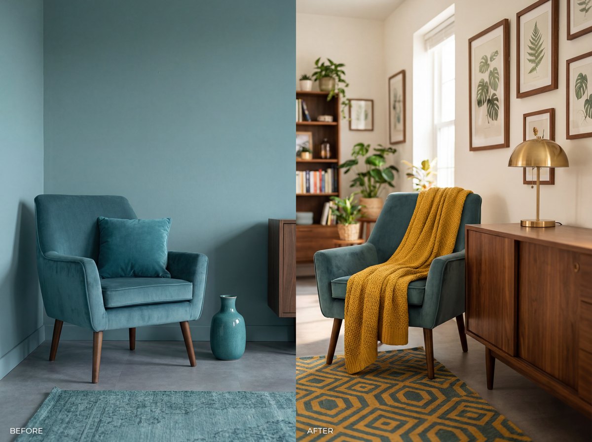 A before and after of an MCM corner, the before with teal only, the after with teal balanced by a mustard throw and warm wood