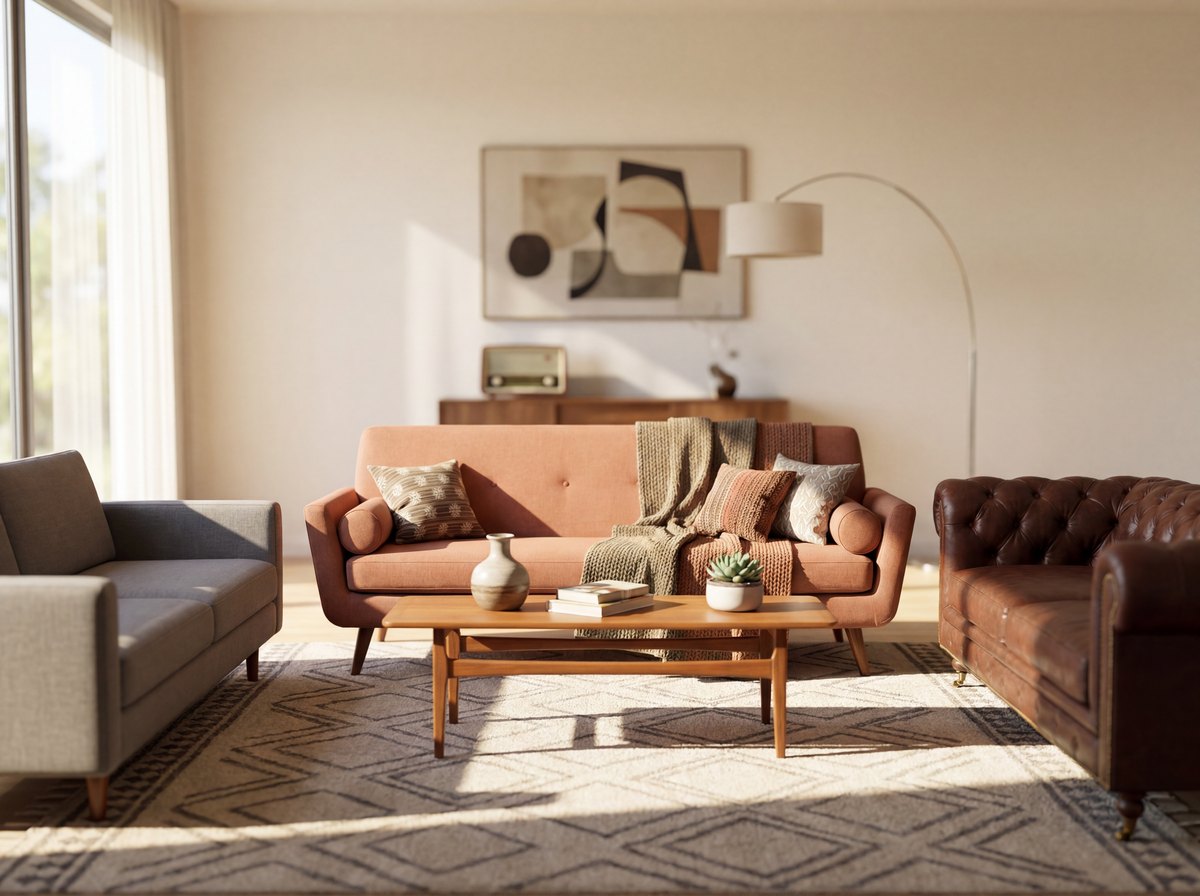 Three mid-century modern sofas side by side at budget, mid, and authentic price tiers