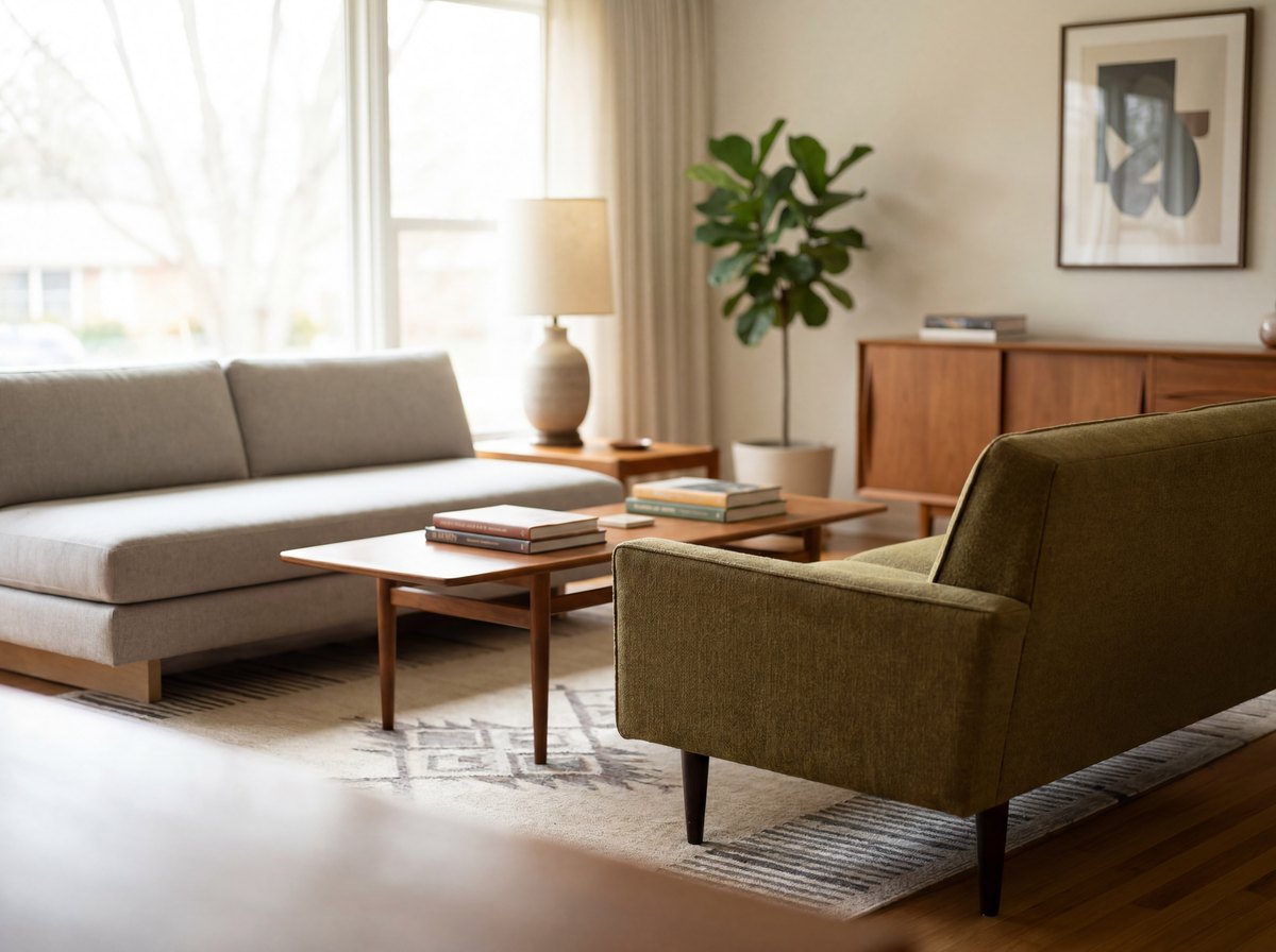 A comparison of an MCM sofa with tapered wood legs next to a contemporary sofa with a hidden plinth base