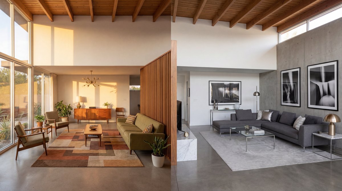A side-by-side comparison of a mid-century modern living room and a contemporary living room showing the difference in furniture profile and palette