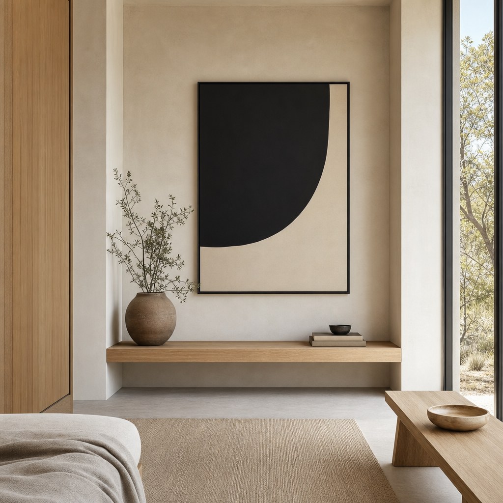 Warm minimalist room with cream walls, oat linen, and natural wood tones