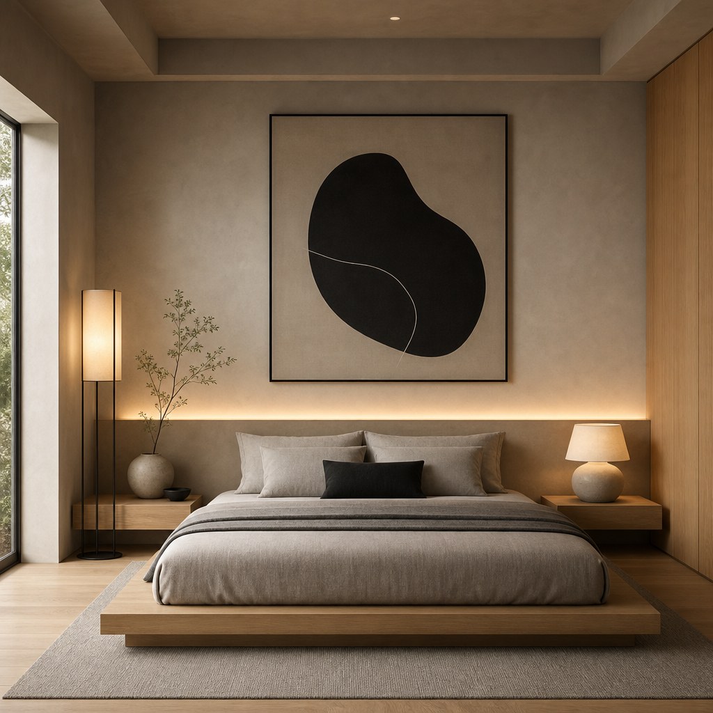 Warm minimalist room with layered lighting: floor lamp, ceramic table lamp, and warm LED strip