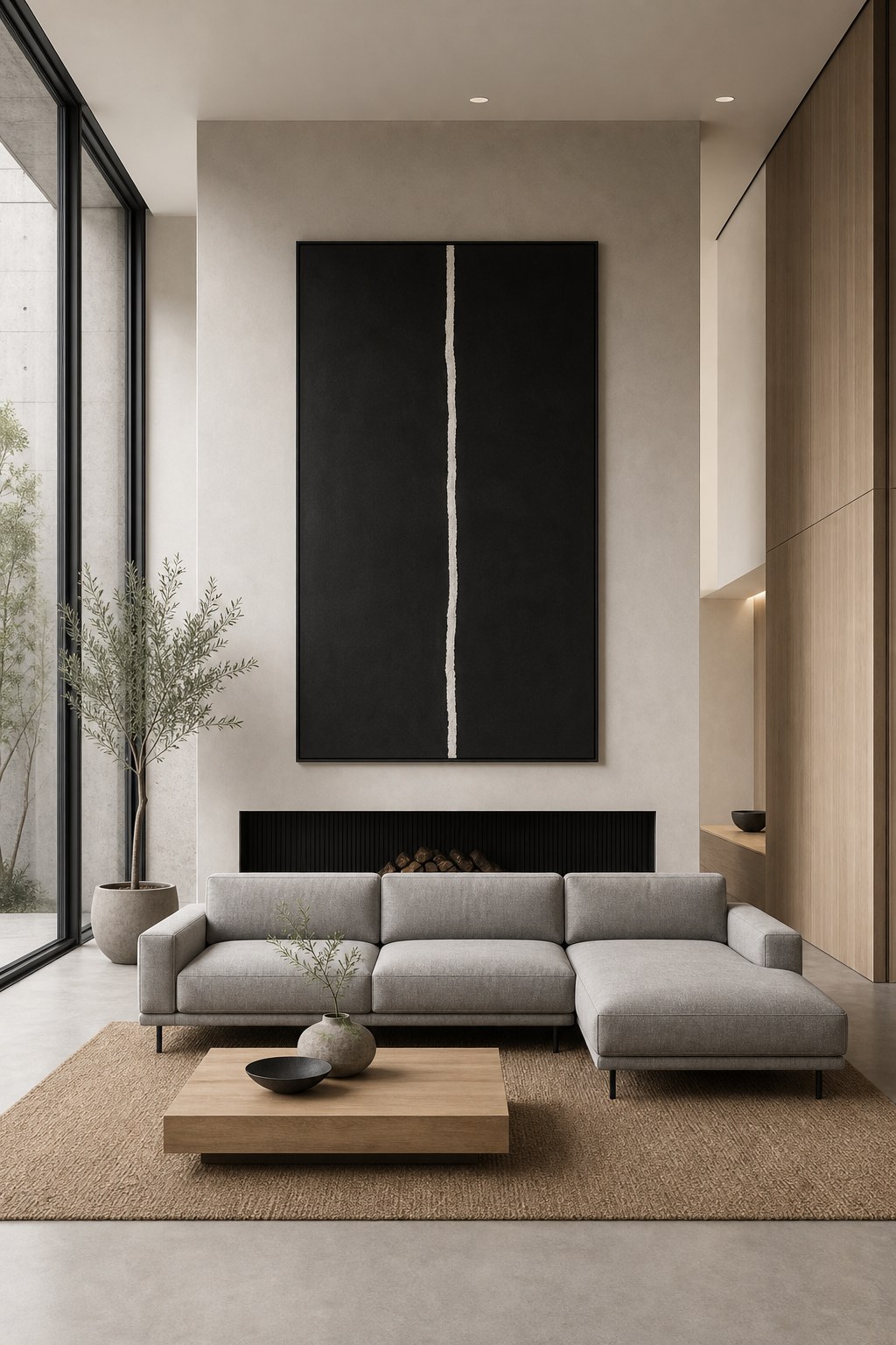 Minimalist living room with Article Sven sofa, low wood coffee table, and natural jute rug