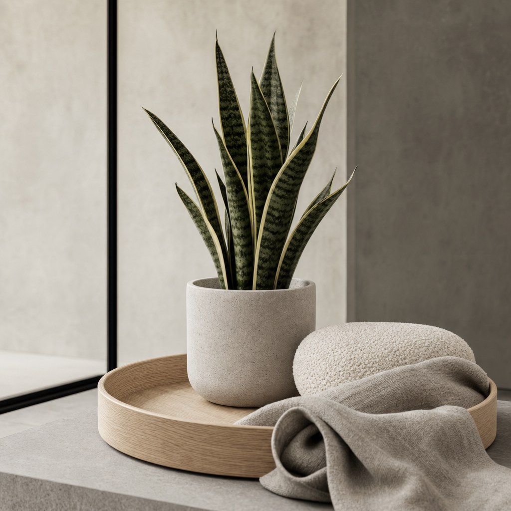 Minimalist texture composition: linen throw, boucle cushion, oak tray, and snake plant