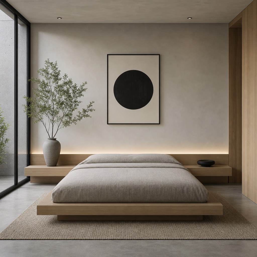 Minimalist room with intentional negative space: clear surfaces, single plant, one framed print