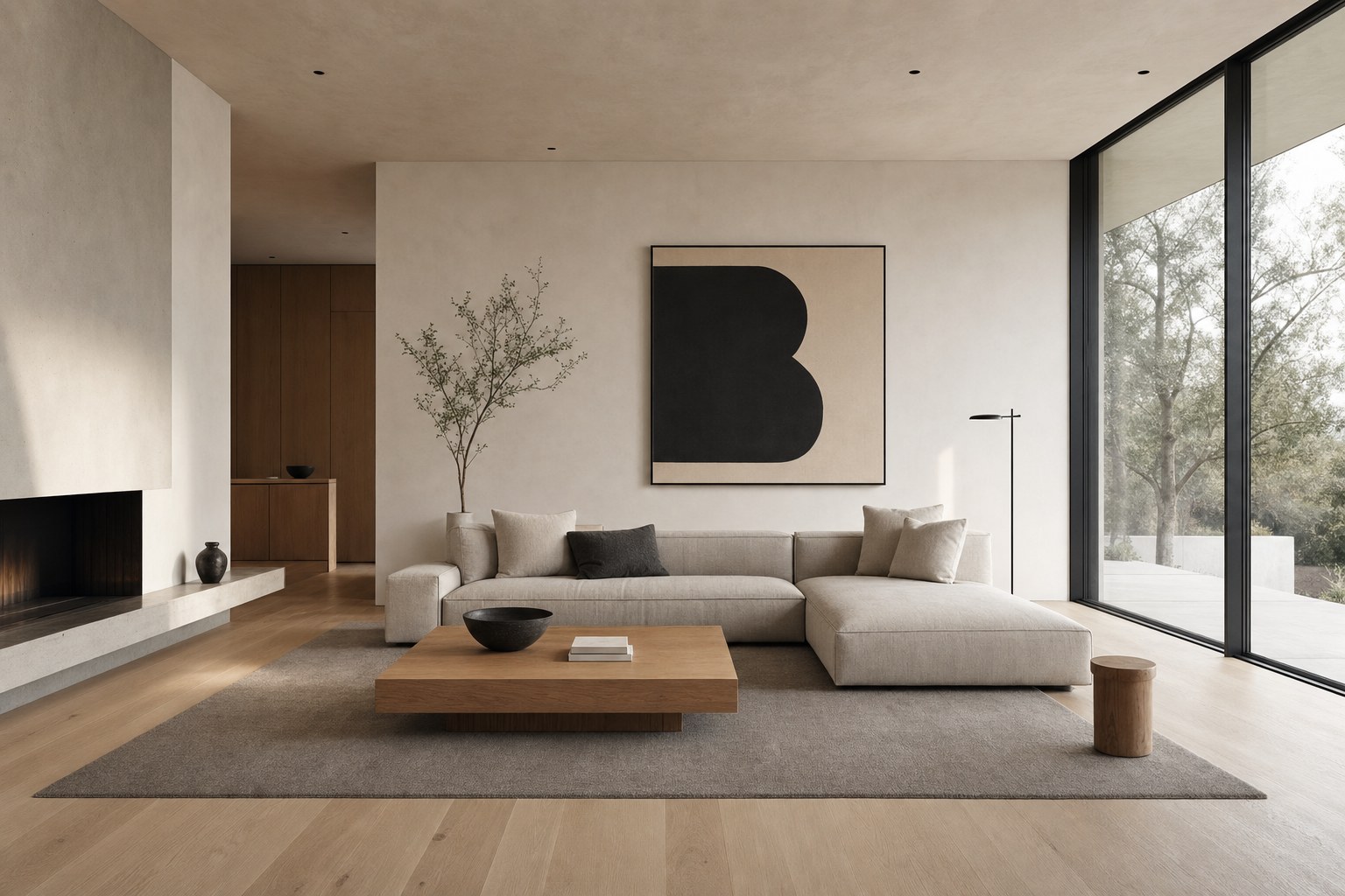 Warm minimalist living room with linen sofa, oak coffee table, and neutral oat-cream palette