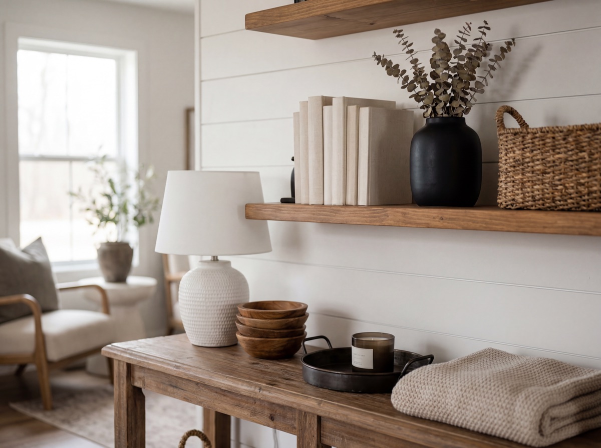 Modern farmhouse neutral color palette with warm white walls, cream textiles, and matte black accents