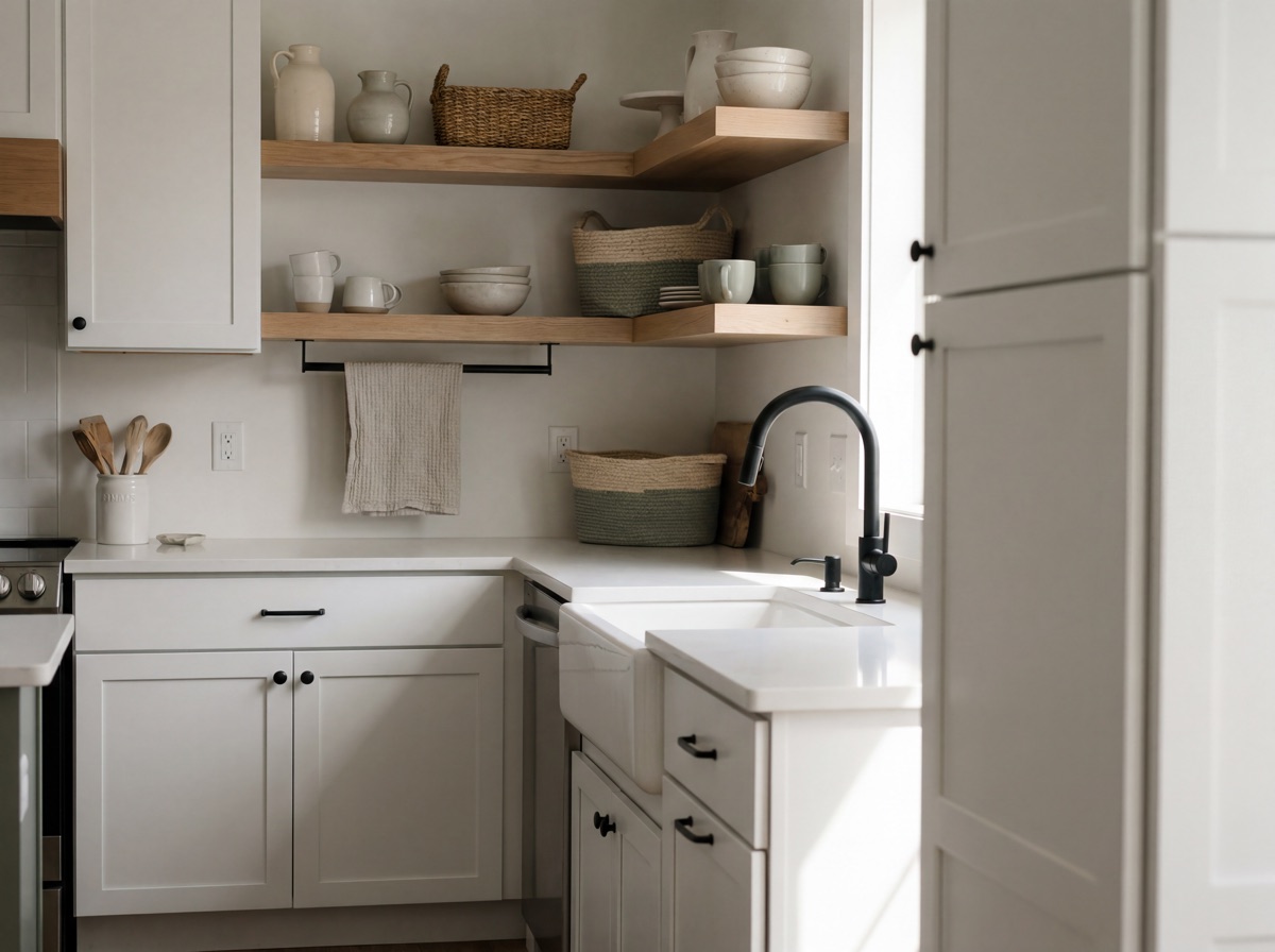 Modern farmhouse kitchen with white Shaker cabinets, apron sink, matte black faucet, and open shelving