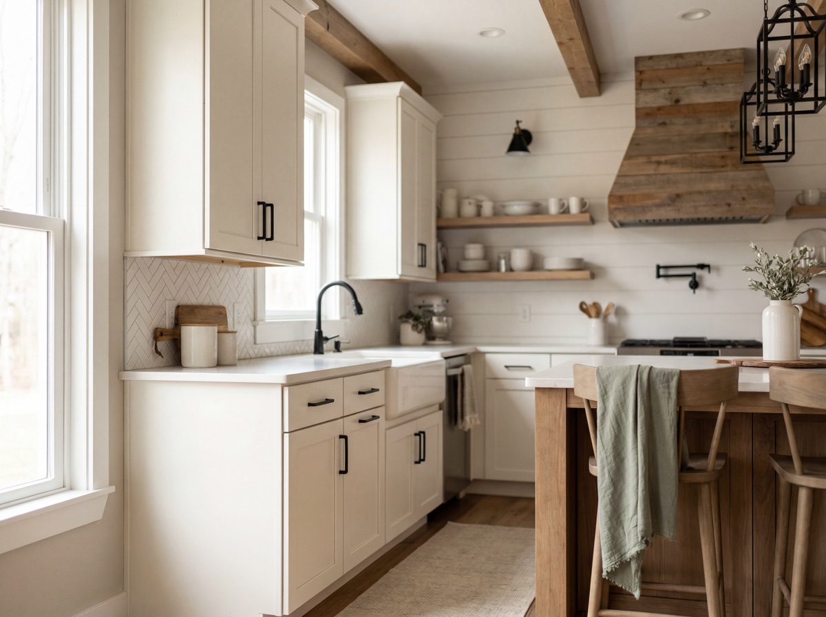 Modern farmhouse kitchen with white Shaker cabinets, farmhouse apron sink, subway tile backsplash, and matte black hardware