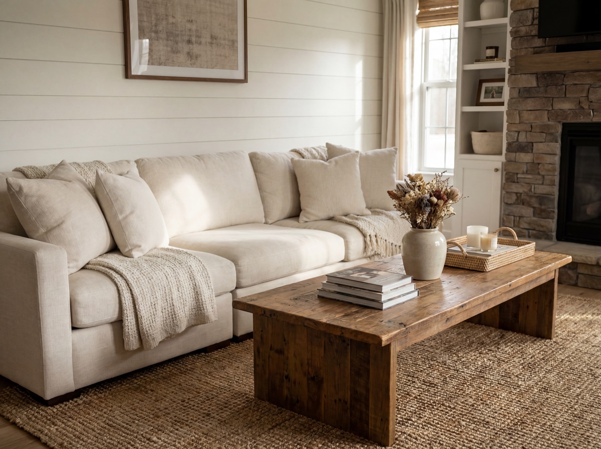 Modern farmhouse living room with cream linen sectional, jute rug, reclaimed wood coffee table, and shiplap accent wall