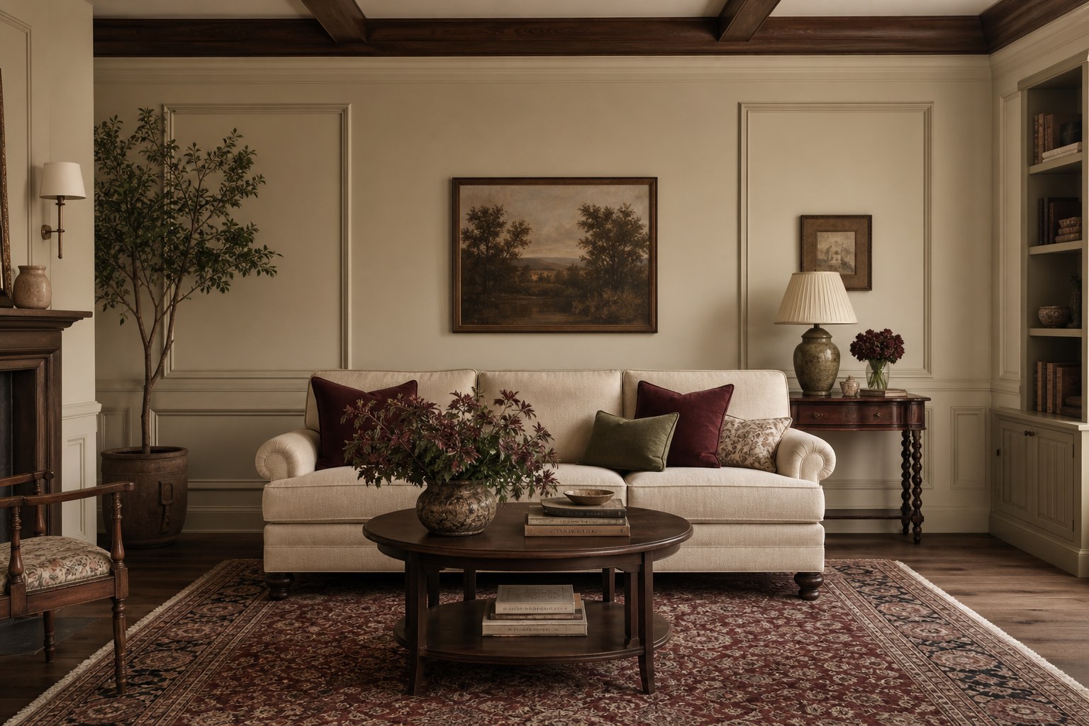 Modern Heritage room showing one clear old-meets-new pairing: a contemporary sofa beside a vintage antique side table on a Persian rug
