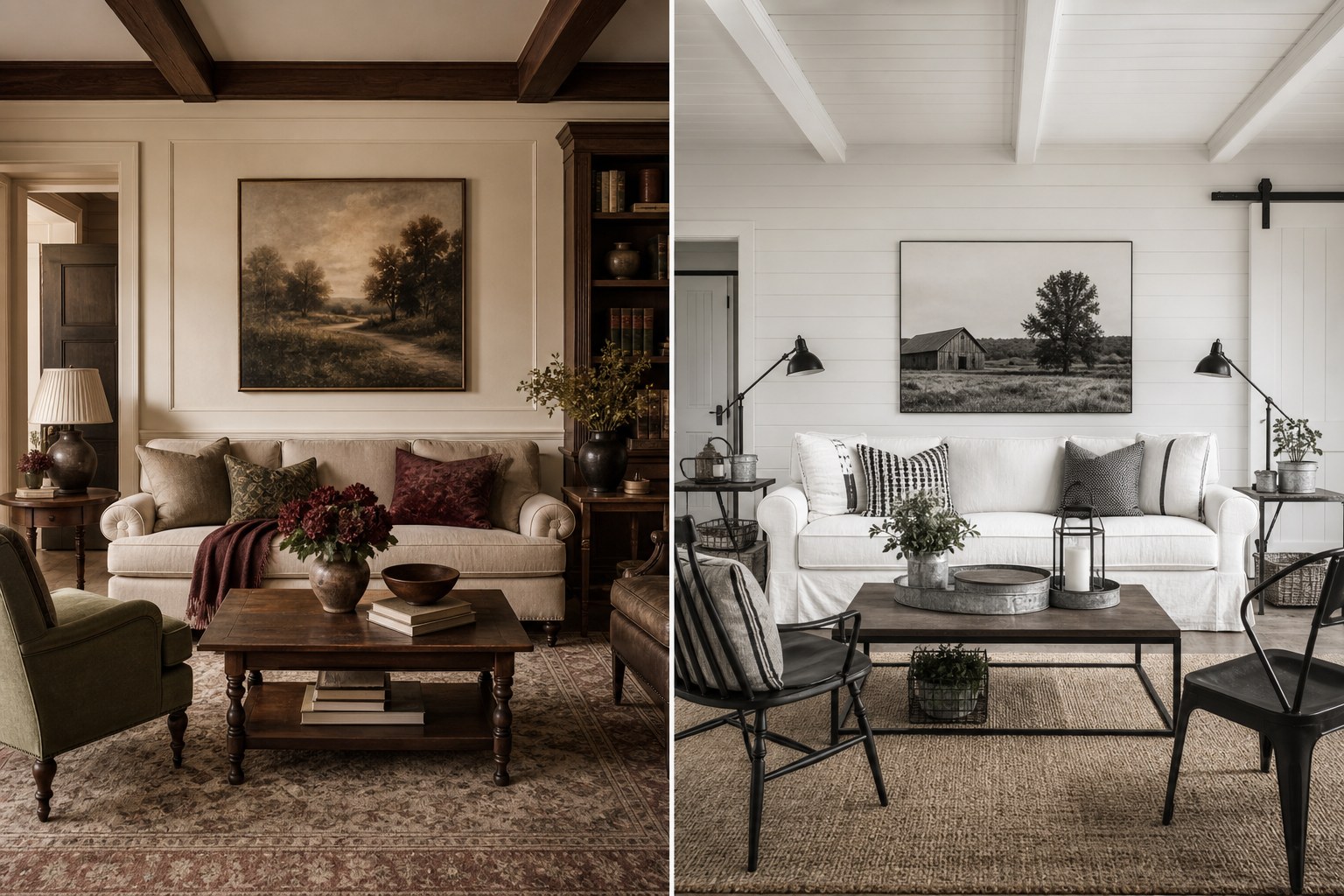 Side-by-side comparison of a warm Modern Heritage living room versus a black-white-and-galvanized Modern Farmhouse living room