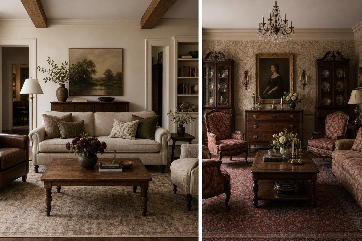 A Modern Heritage room with mostly contemporary furniture and one antique chest, contrasted with a formal antiques-heavy Traditional room