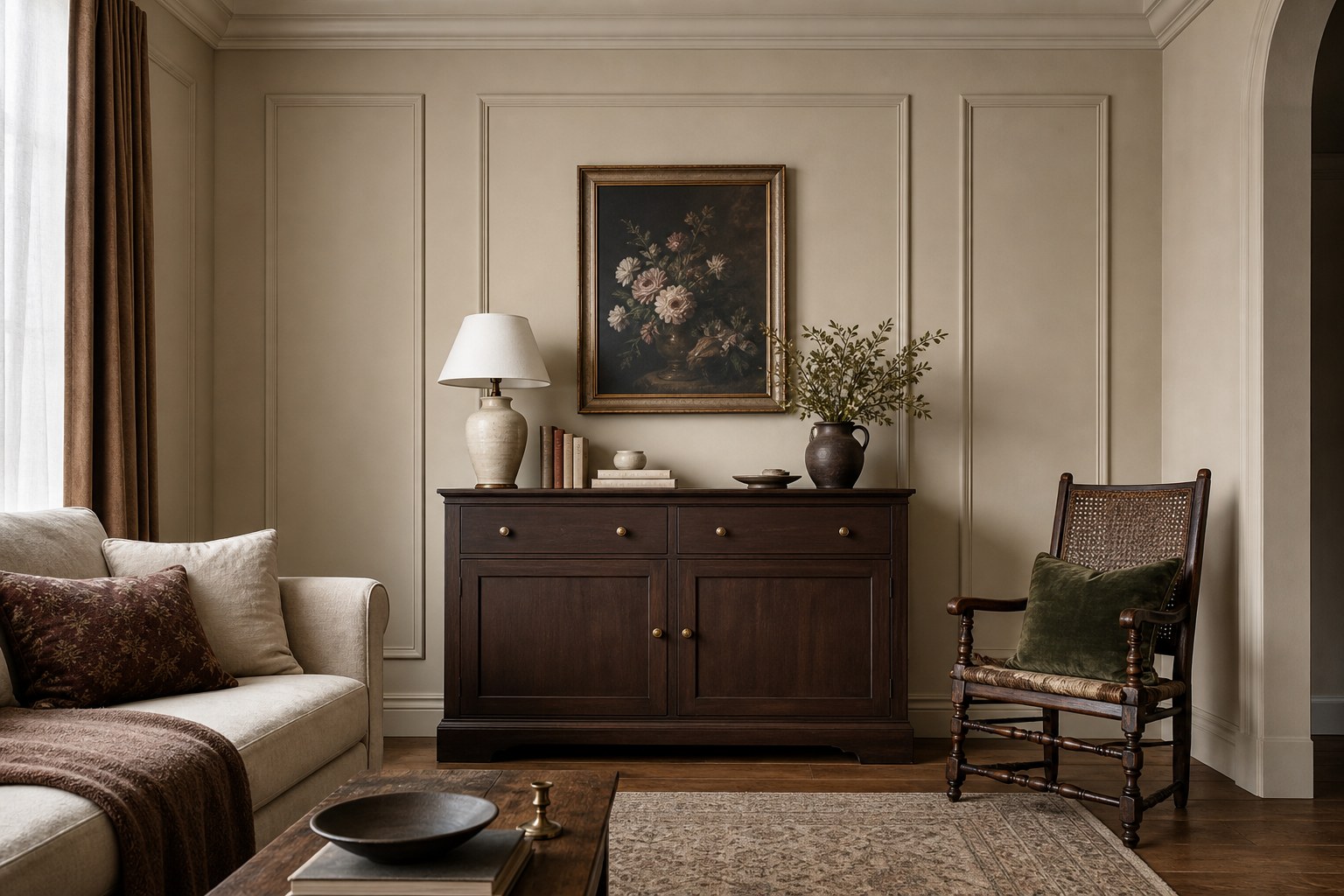 A renter-friendly Modern Heritage corner: removable picture-frame molding on the wall, an IKEA cabinet customized with trim and brass knobs, and a Marketplace vintage chair