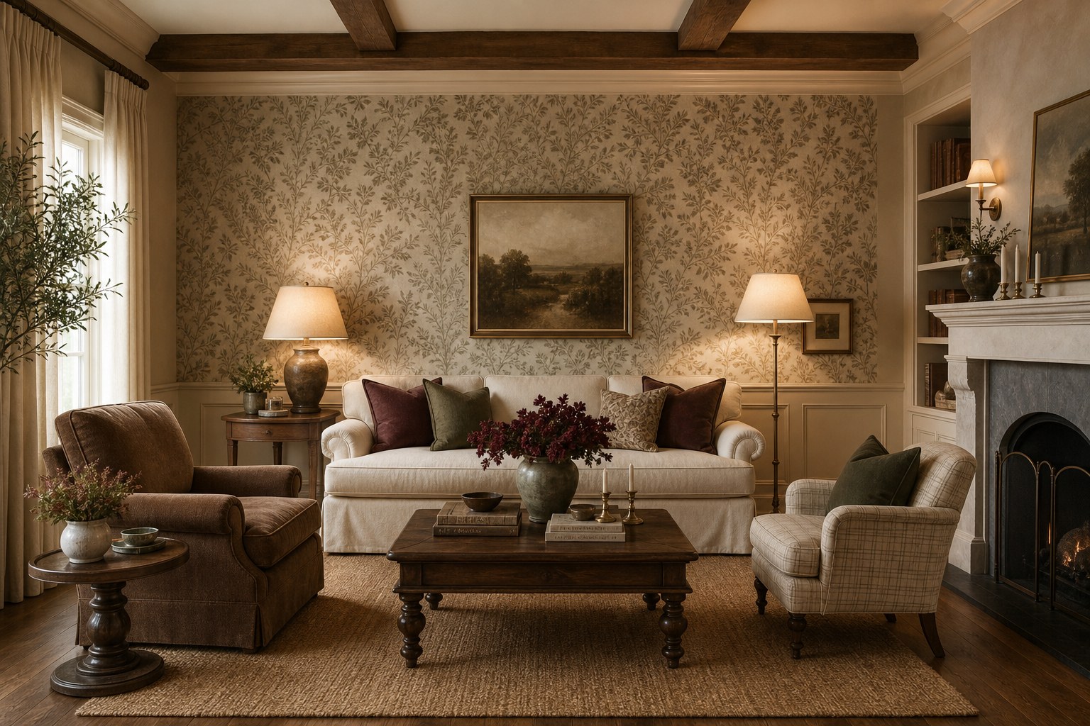 A correctly executed Modern Heritage room with botanical wallpaper, warm layered lamp light, limewash walls, and a balanced mix of contemporary and vintage furniture