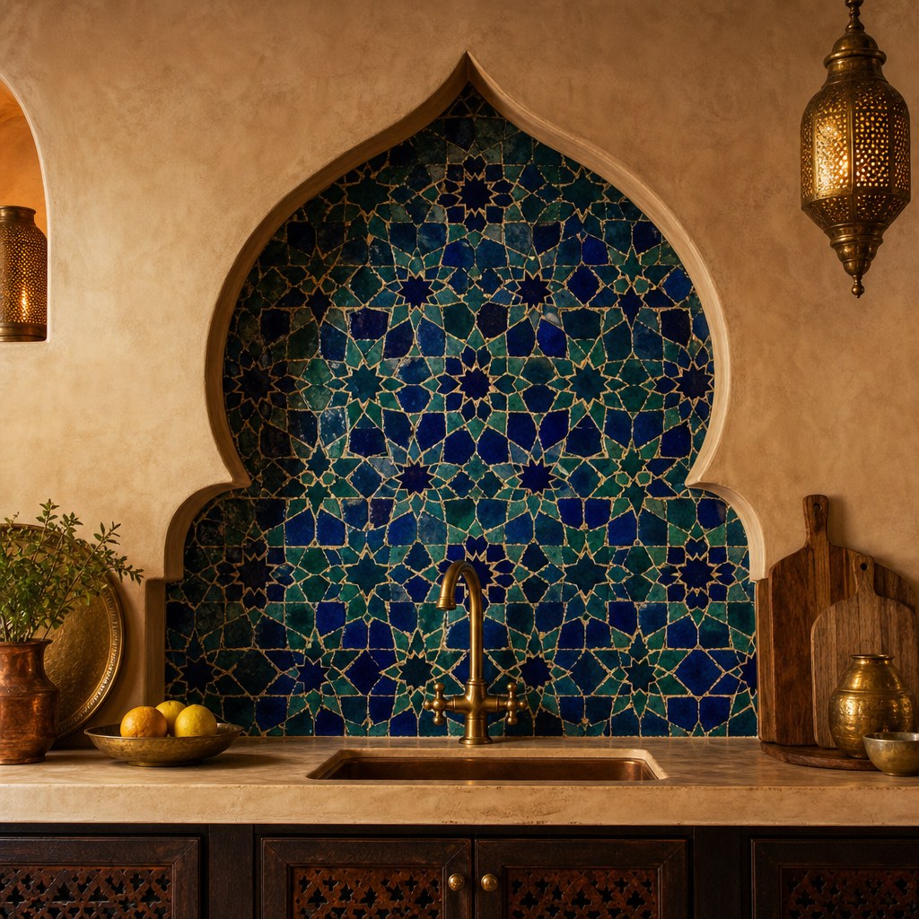 Moroccan zellige tile backsplash in deep teal and cobalt blue geometric pattern with characteristic hand-glazed imperfections and slight surface variation, installed in a kitchen with warm brass faucet and sandy plaster walls