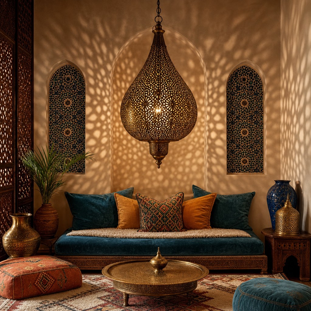 Moroccan pierced brass pendant lanterns hanging at eye level in a jewel-toned living room casting geometric lattice shadow patterns across cream plaster walls, teal velvet low seating, and kilim rug below