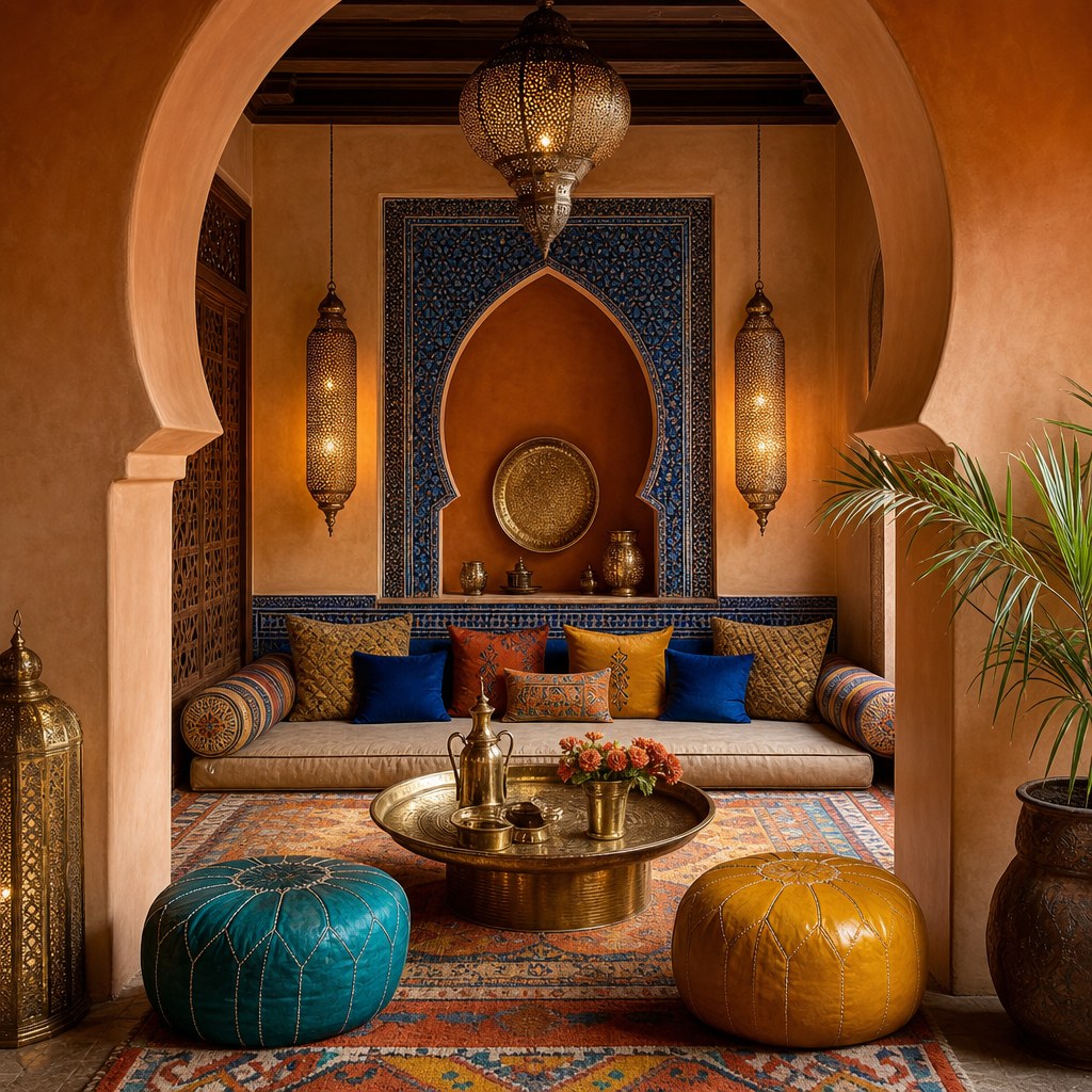 Moroccan majlis seating arrangement with leather poufs in teal and saffron around a hammered brass tray table, low cushioned floor seating, kilim rug, and Moroccan pendant lanterns overhead in a warm jewel-toned living room