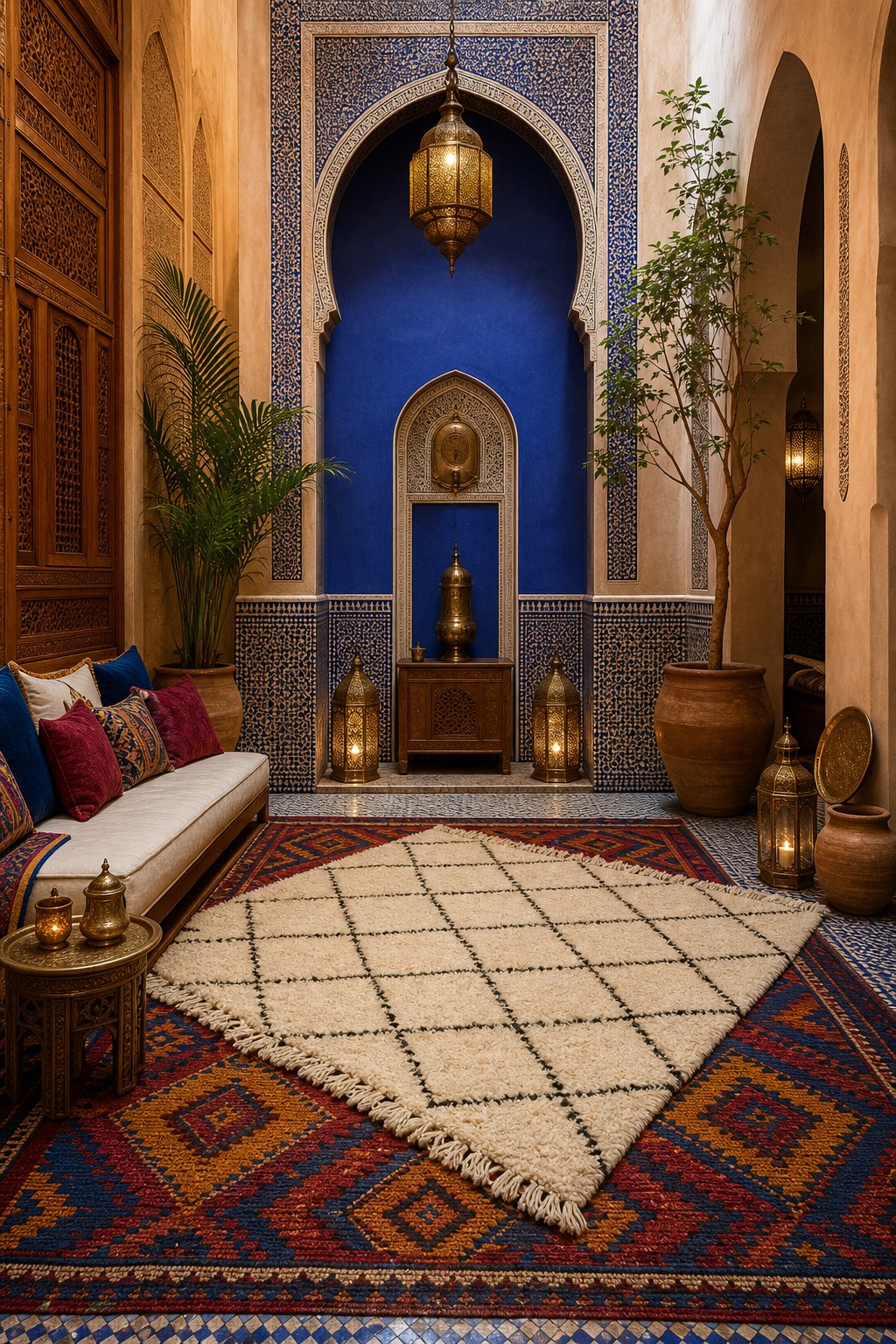 Moroccan textile layering: kilim rug in jewel tones of deep red, indigo and saffron with geometric diamond pattern as base layer, cream Beni Ourain wool rug with dark diamond motifs layered at angle on top, jewel-tone throw pillows on low seating alongside
